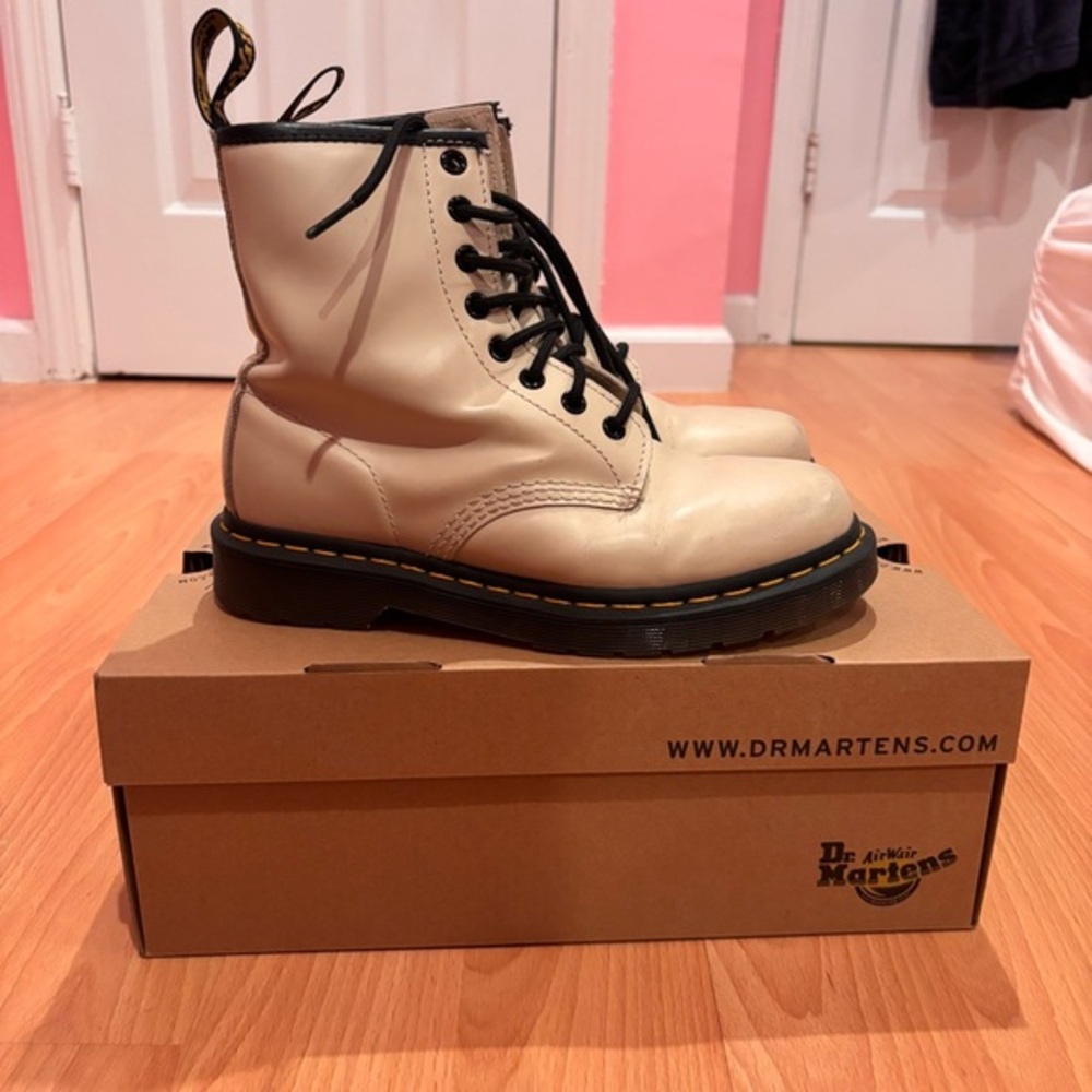 Dr. Martens Off-White Cream 1460 Womens Leather Boots with Black Laces